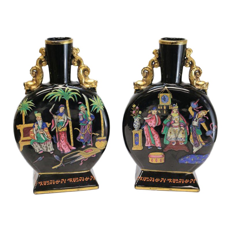 Pair of Chinoiserie Glass & Enamel Hand Painted Moon Flasks, c1890