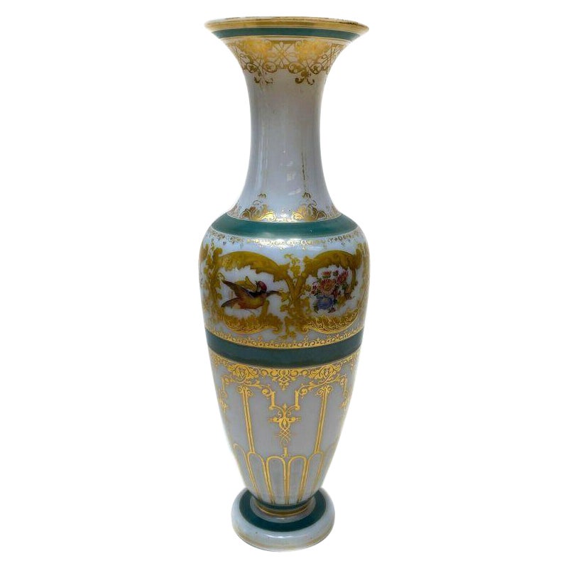 Large French Opaline Glass Enameled Vase Attributed to Baccarat, circa 1890 For Sale