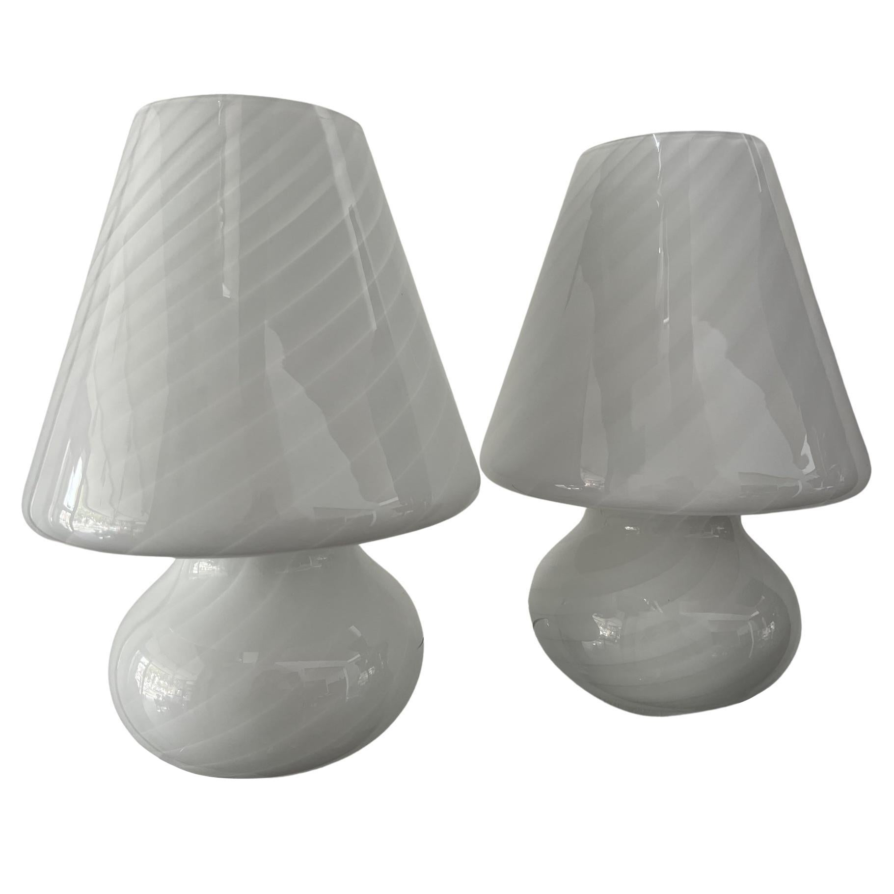1295 Murano, Hand Made Abat Jour White Torchon Blown Glass, 2pcs Table Lamp For Sale
