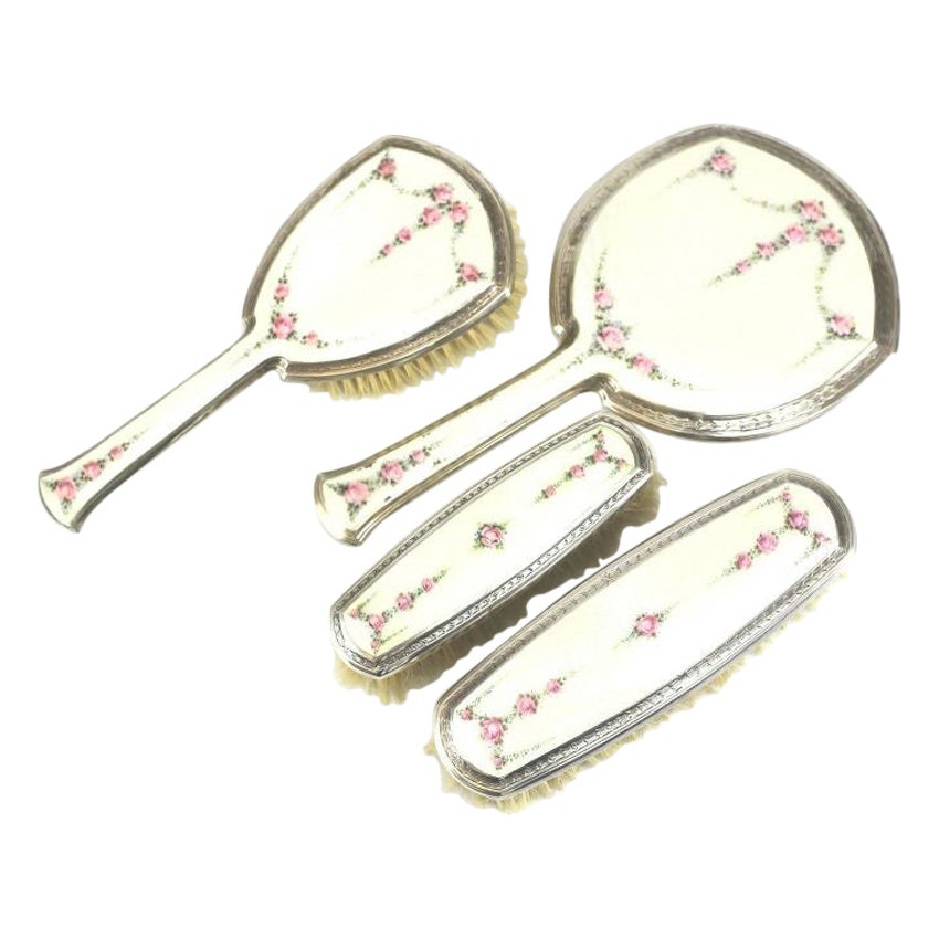 4pc Sterling Silver & Guilloche Enamel Vanity Set by R. Blackinton Co., Brushes For Sale