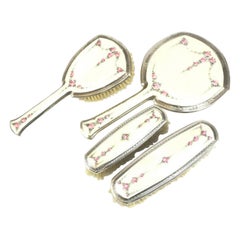 Used 4pc Sterling Silver & Guilloche Enamel Vanity Set by R. Blackinton Co., Brushes