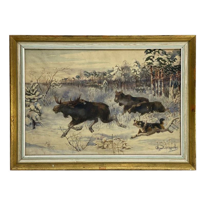 Alexander S. Khrenov Watercolor Hunting Scene