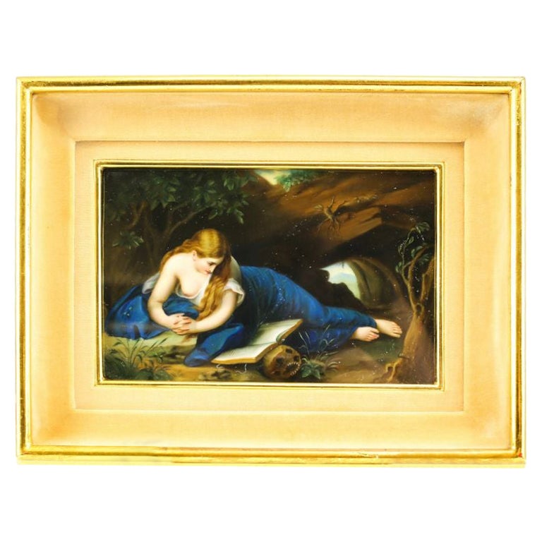 German Porcelain Hand Painted Plaque of the Penitent Magdalene, Gold, circa 1900 For Sale