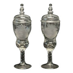 Antique Pair German Cut & Engraved Glass Covered Pokals, 1st Half 20th Century