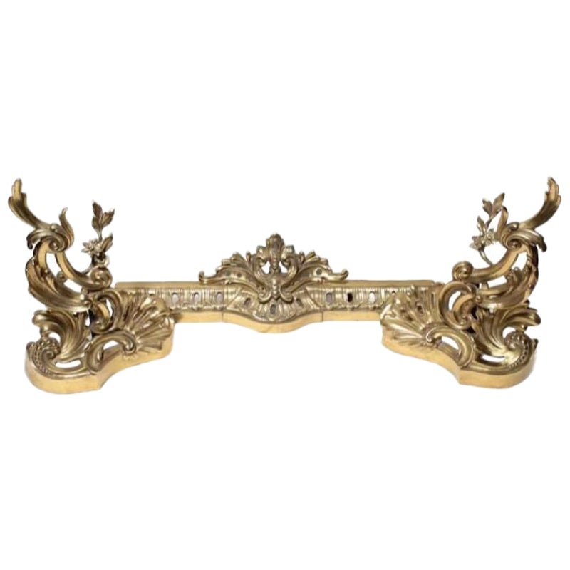 3 Piece French Gilt Bronze Chenet Andiron, Foliate Scroll Accents, 19th Century For Sale