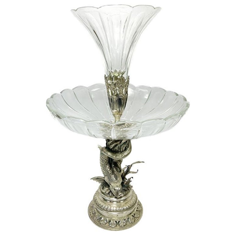 European Cut Glass and Silverplate Two Tier Dolphin Formed Garniture, circa 1920 For Sale