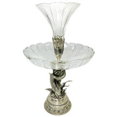 Vintage European Cut Glass and Silverplate Two Tier Dolphin Formed Garniture, circa 1920