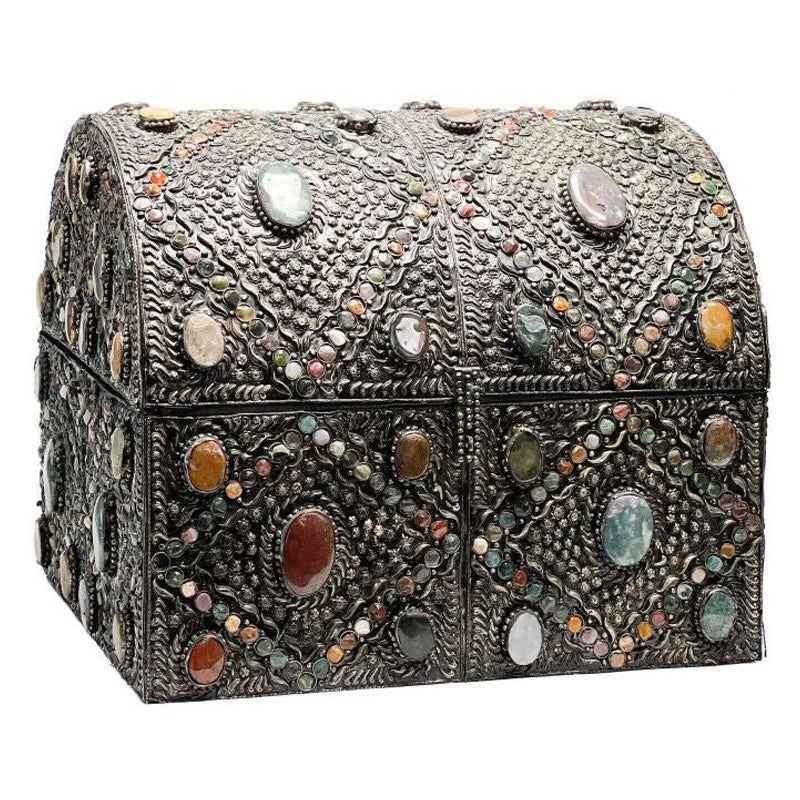 Indian Silver Mounted and Semi-Precious Stone Encrusted Large Wood Chest For Sale