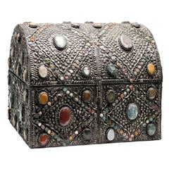 Indian Silver Mounted and Semi-Precious Stone Encrusted Large Wood Chest