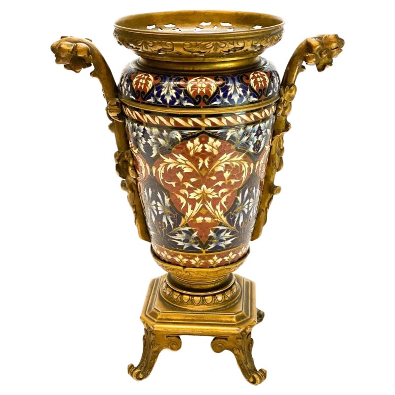 French Champleve Enamel Gilt Bronze Mounted Vase, Barbedienne Quality, 19th