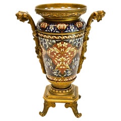 French Champleve Enamel Gilt Bronze Mounted Vase, Barbedienne Quality, 19th