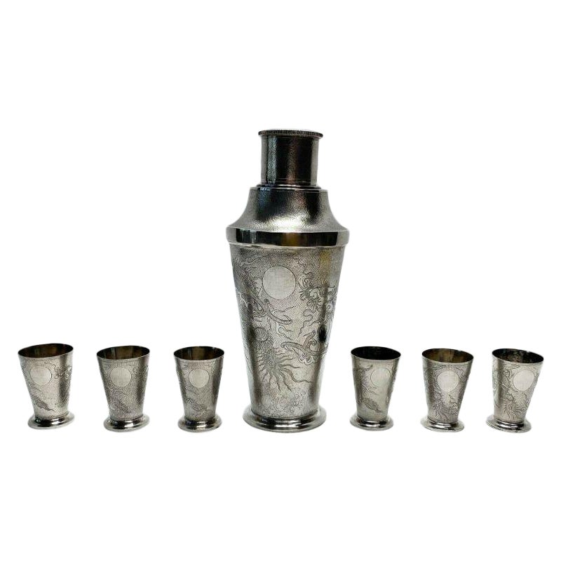 Set of 7 Chinese .900 Silver Martini Shaker & Shot Cups with Dragon Motif, c1920 For Sale
