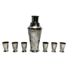 Vintage Set of 7 Chinese .900 Silver Martini Shaker & Shot Cups with Dragon Motif, c1920