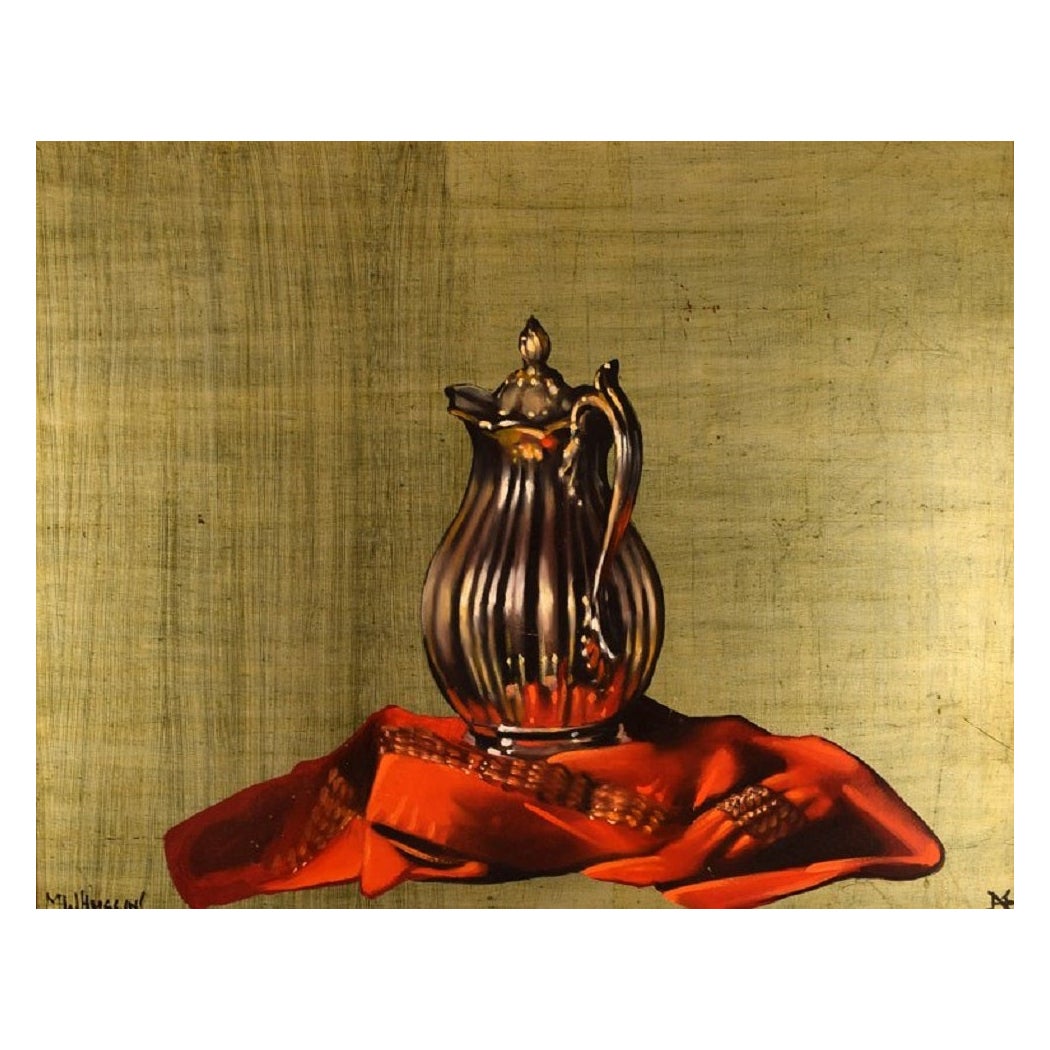 Matt W. Huggins, American Artist, Oil on Board, "Silver Pitcher on Red Cloth" For Sale