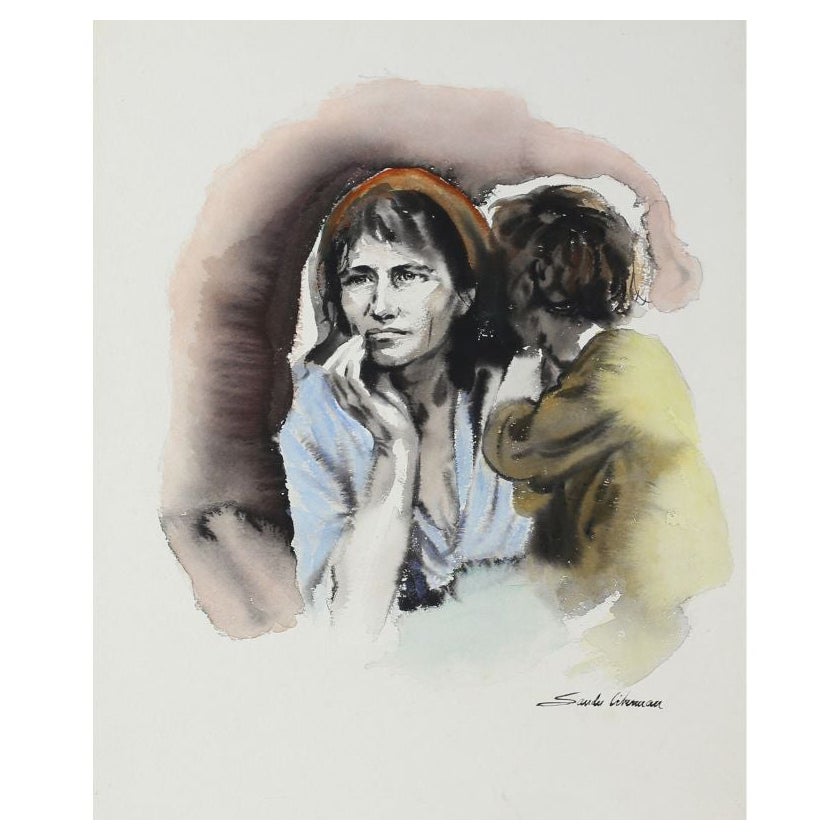 Sandu Liberman Watercolor on Paper Migrant Mother Signed For Sale