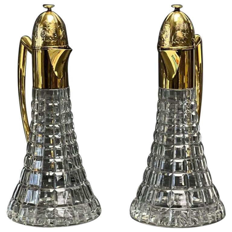 Pair Sarah Jones England Gilt Sterling Silver Mounted Cut Glass Ewers or Carafes For Sale