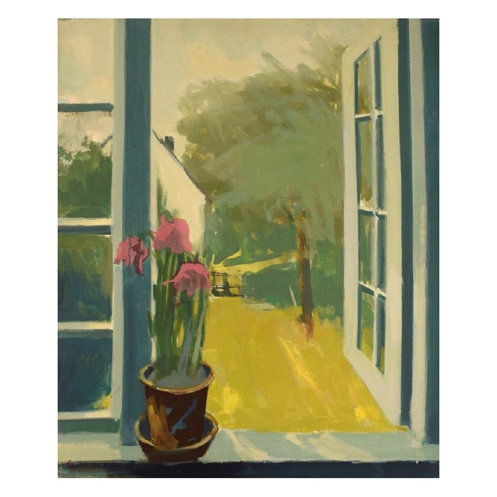 Erik O., artiste danois, huile sur toile, Fleurs dans un fenêtre ouvert, années 1960 en vente