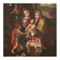 17th Century Oil on Canvas Italian Antique Religious Painting Holy Family, 1680