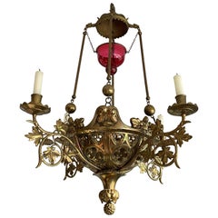 Antique Gilt Bronze & Brass & Glass Gothic Sanctuary Lamp / Church Candle Light