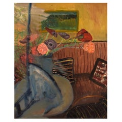Dagny Cassel (1908-1988), Suède, huile sur toile, intérieur moderniste avec fleurs