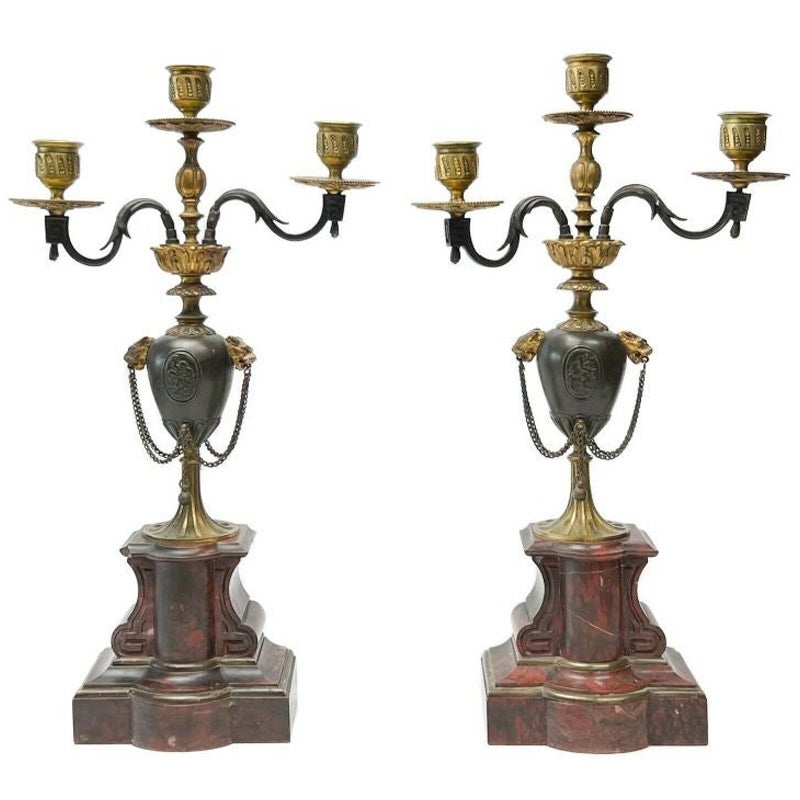 Pair Henri Picard French Rouge Marble Gilt & Patinated Bronze Candelabras 19th C For Sale