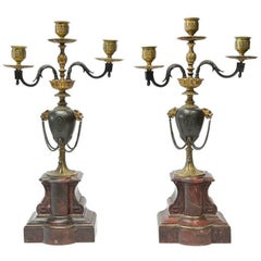 Pair Henri Picard French Rouge Marble Gilt & Patinated Bronze Candelabras 19th C