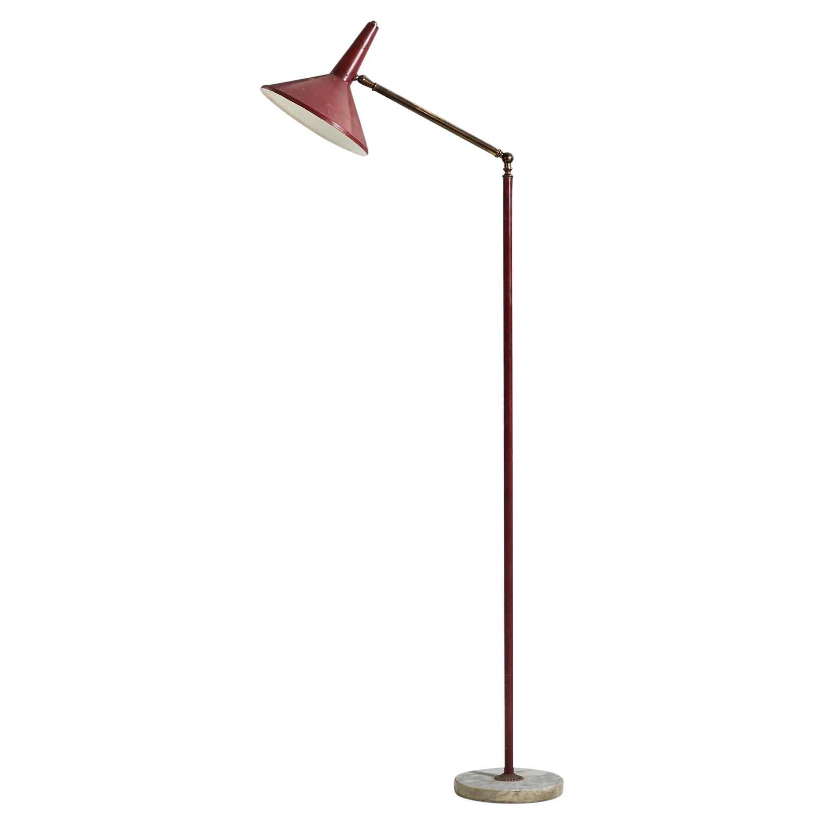 Stilux Milano, Red Floor Lamp, Brass, Metal, Marble, Italy, 1950s For Sale