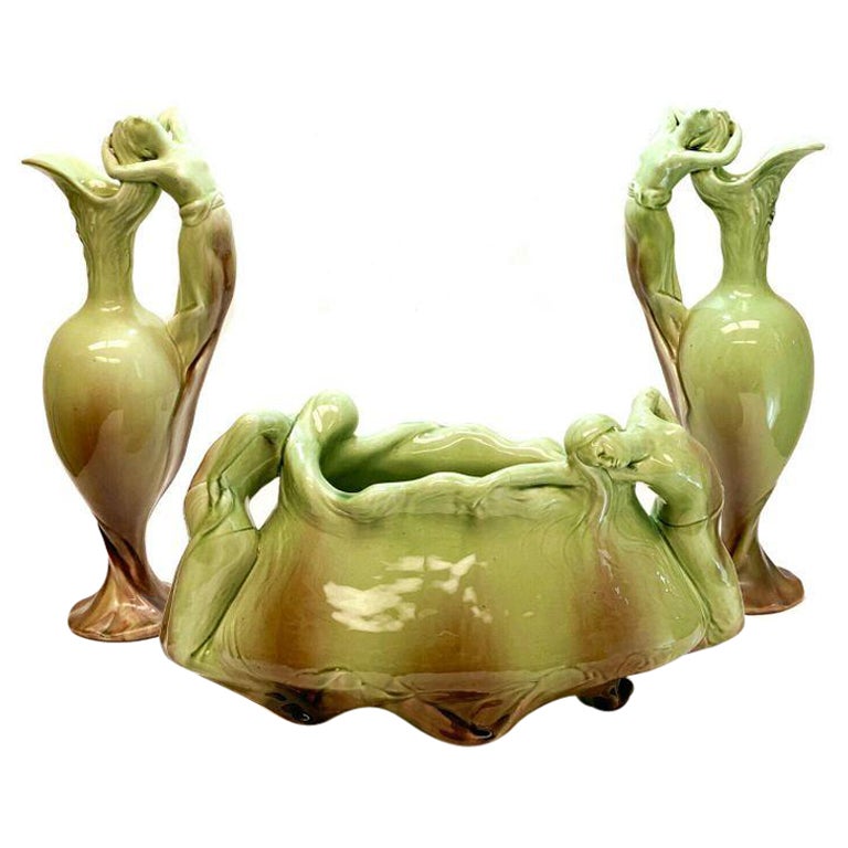 3 Piece Delphin Massier Ewer and Jardiniere Garniture, Partially Nude Beauties For Sale