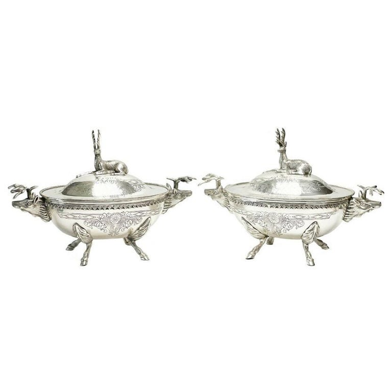 Pair of Mid Cen Continental Silver Plate Lidded Tureens with Figural