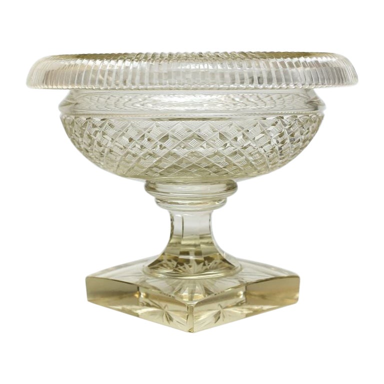 English Crystal Footed Centerpiece Bowl, Hand Cut & Polished, Early 19th Century For Sale