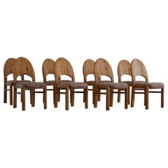 Set of 8 Sculptural Danish Modern Brutalist Dining Chairs in Solid Pine, 1970s