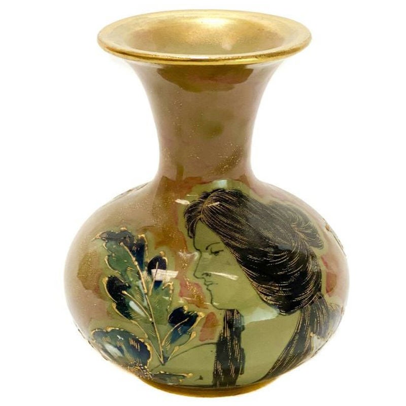 Amphora RSTK Enamel Pottery Vase Portrait of a Beauty Art Nouveau, circa 1900 For Sale