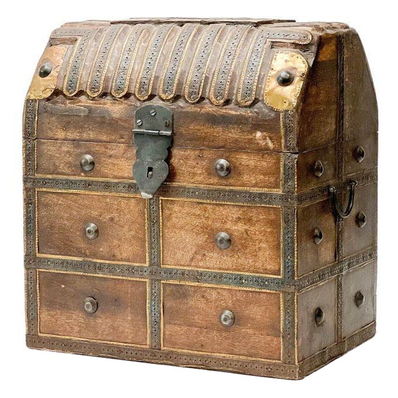 Carved Wood Patinated and Gilt Metal Treasure Chest Form Decanter Tantalus Box For Sale