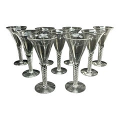Set of 9 English Striation Air Twist Stem Water Goblets, 19th Century or Earlier