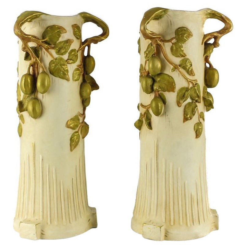 Pair of Large Royal Dux Art Nouveau Vases, Fruited Branch Handles, Hand Painted