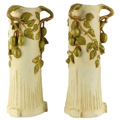 Pair of Large Royal Dux Art Nouveau Vases, Fruited Branch Handles, Hand Painted