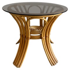 Mid-Century Modern Italian Bamboo Round Table with Smoked Glass Top, 1970s