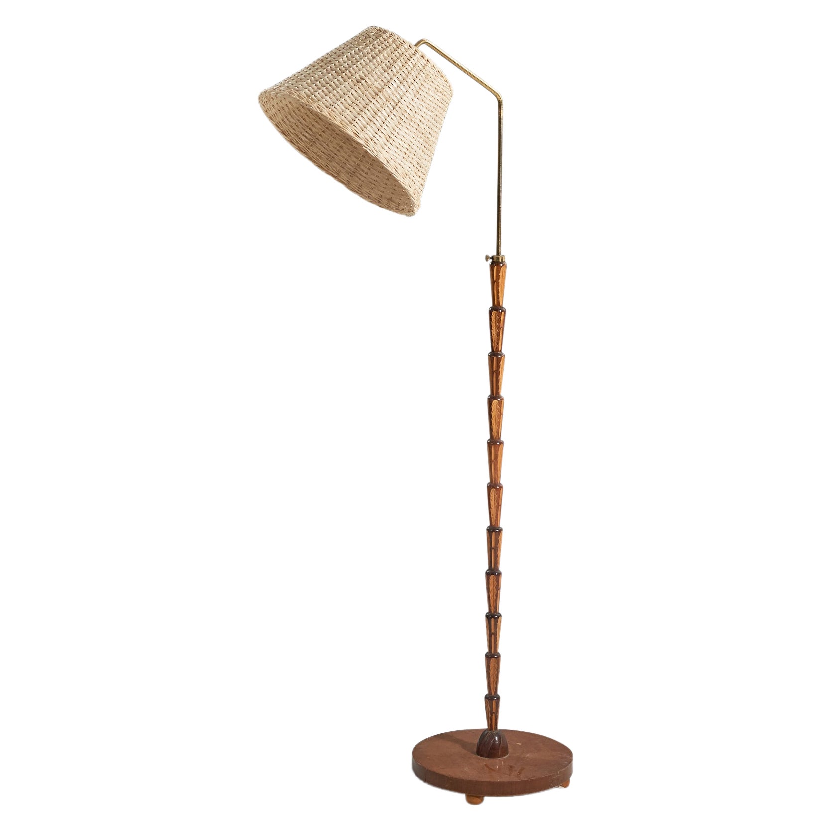 Swedish Designer, Floor Lamp, Inlaid Wood, Brass, Rattan, Sweden, 1930s For Sale