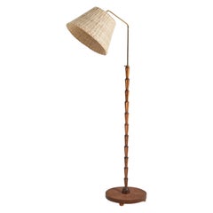 Swedish Designer, Floor Lamp, Inlaid Wood, Brass, Rattan, Sweden, 1930s