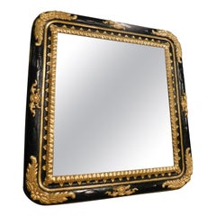 Antique Old Mirror in Black Lacquered Wood, Carved and Gilded, 1850, Italy