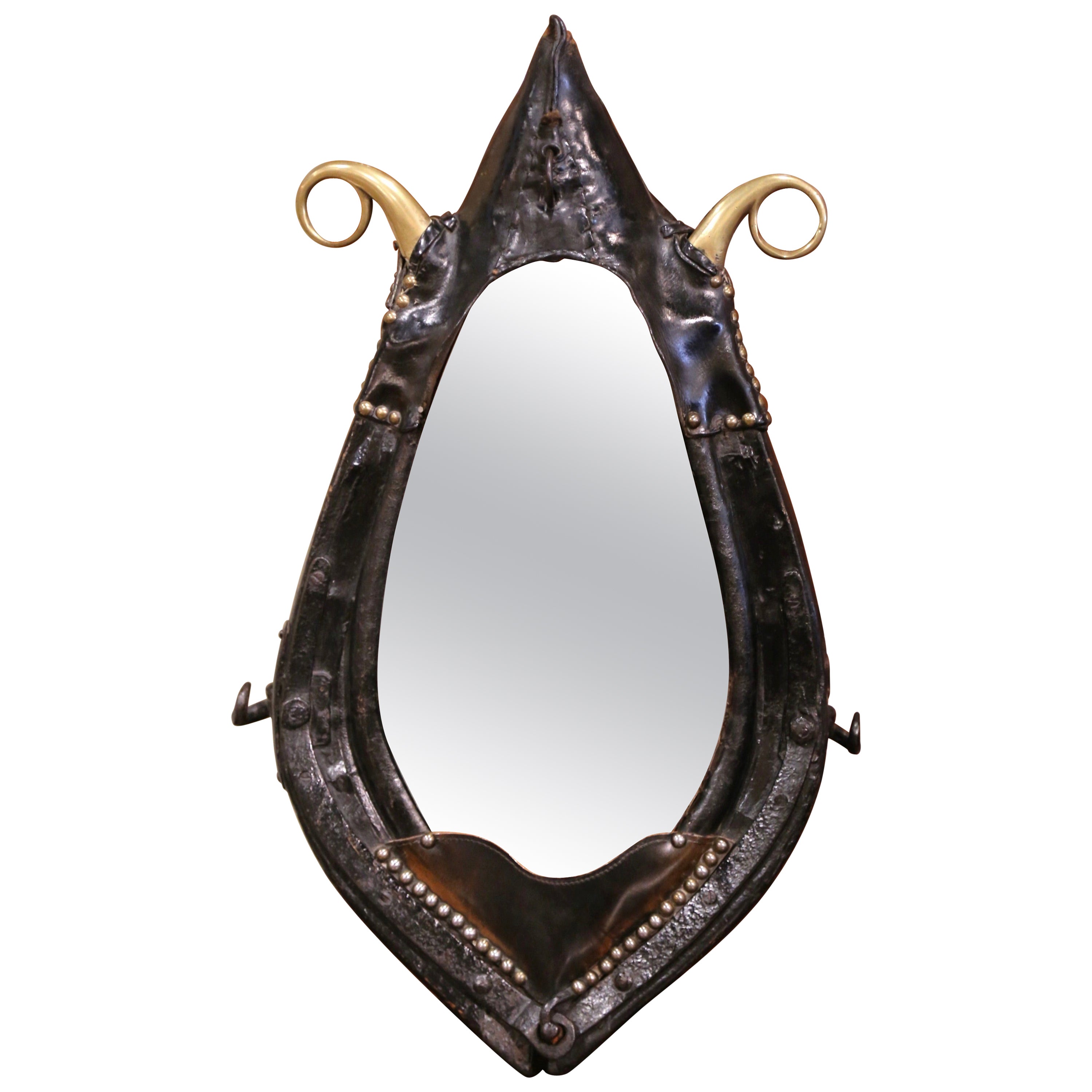 19th Century French Leather and Bronze Horse Collar Converted into Wall Mirror For Sale