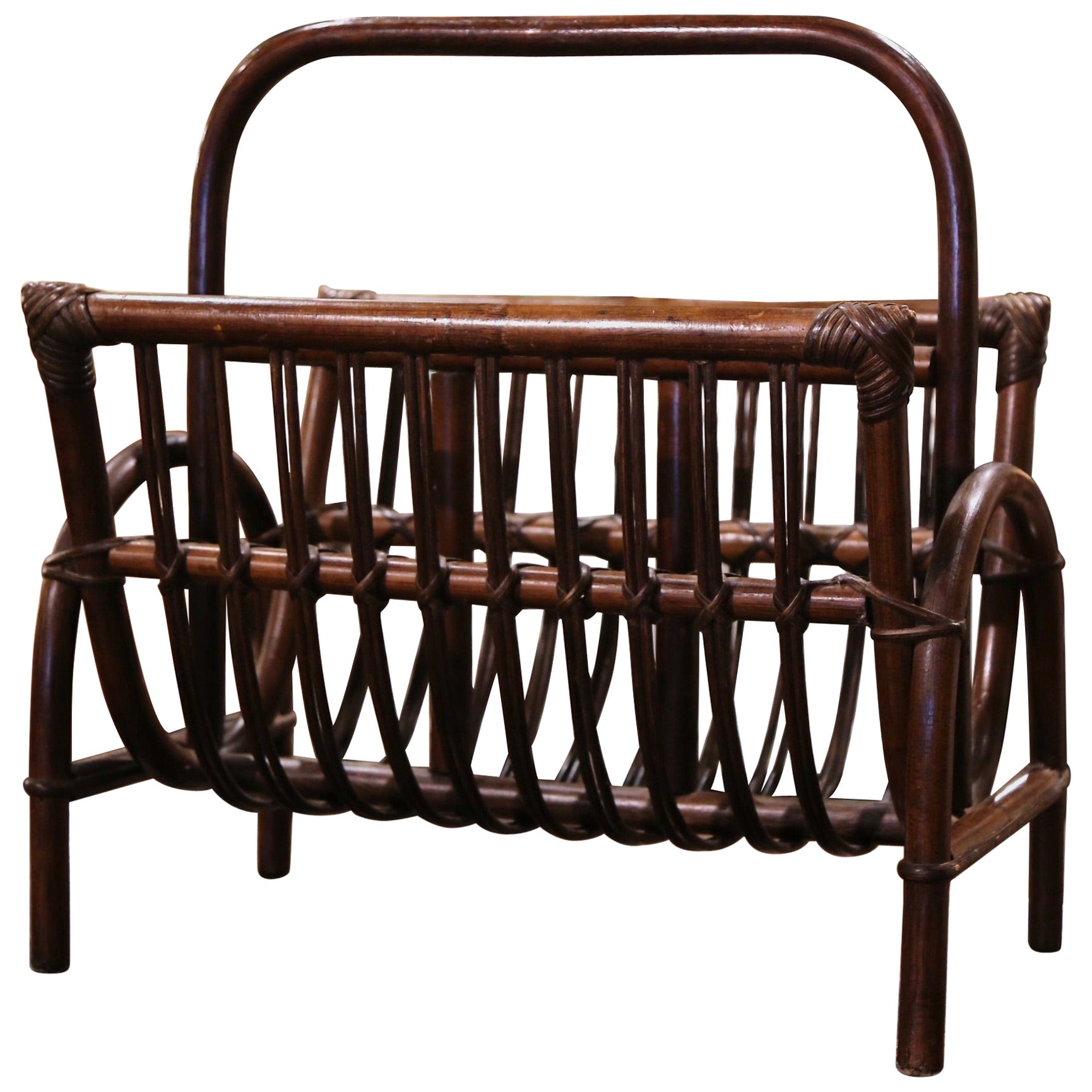 Mid-Century French Bendwood Bamboo and Palm Rattan Magazine Rack For Sale