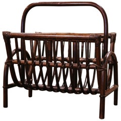 Mid-Century French Bendwood Bamboo and Palm Rattan Magazine Rack
