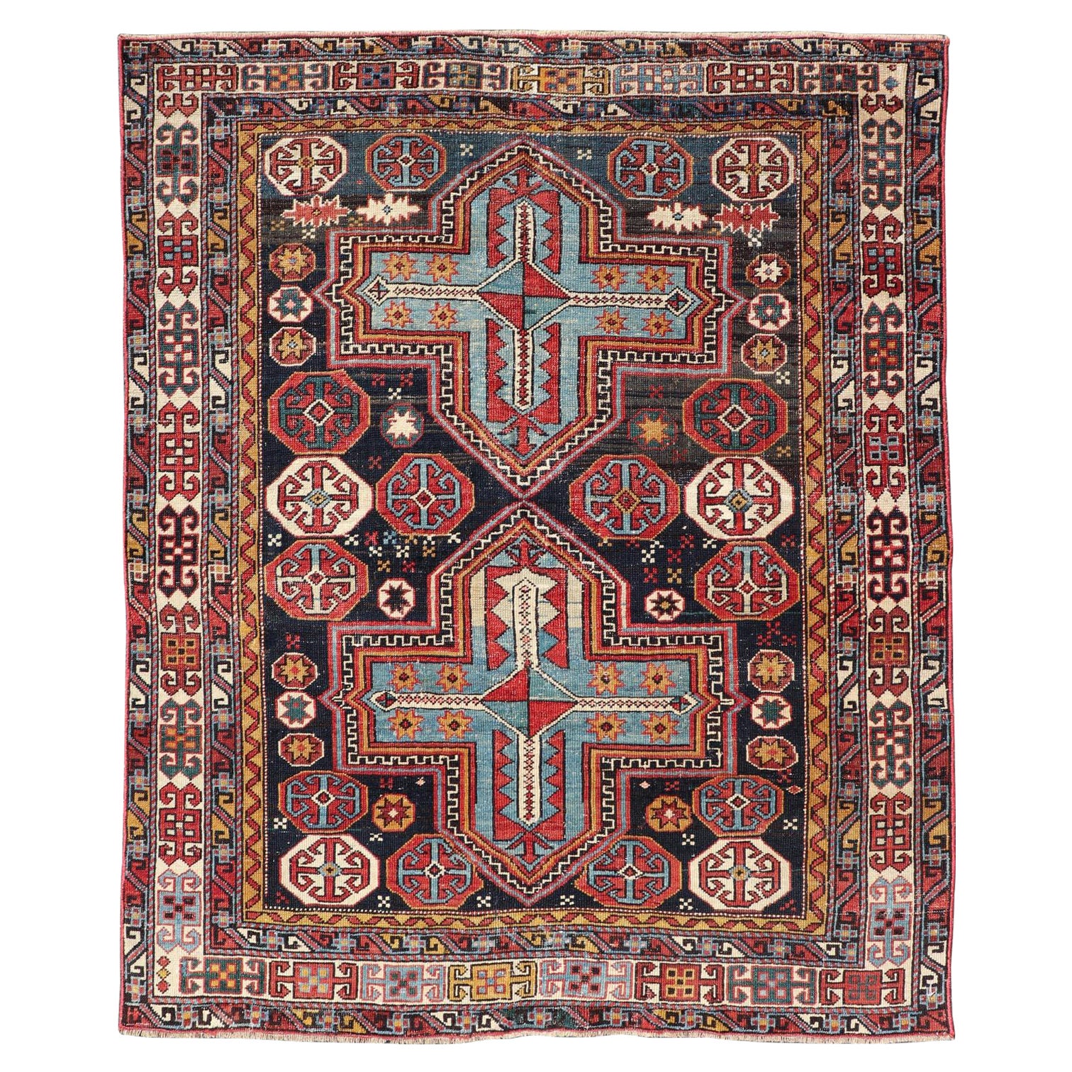 Sqaure Antique Colorful Kuba Caucasian Rug with Cross Medallions For Sale