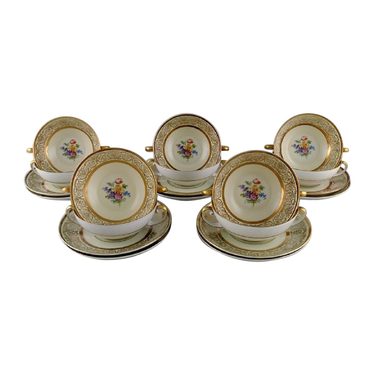 Tirschenreuth, Germany, 10 Porcelain Bouillon Cups with Saucers