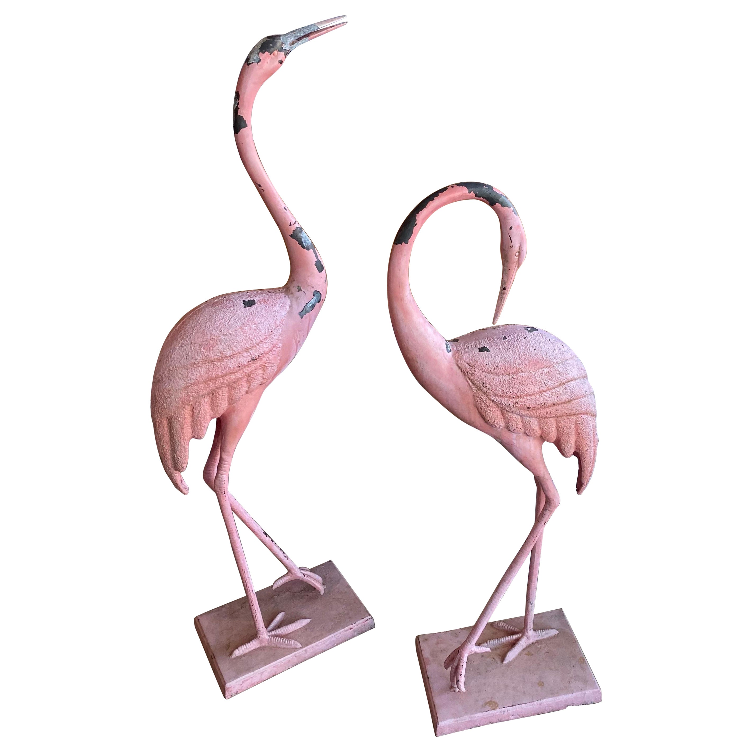 Vintage Pair of French Chippy Pink Paint Metal Large Flamingos Statues