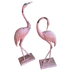 Vintage Pair of French Chippy Pink Paint Metal Large Flamingos Statues