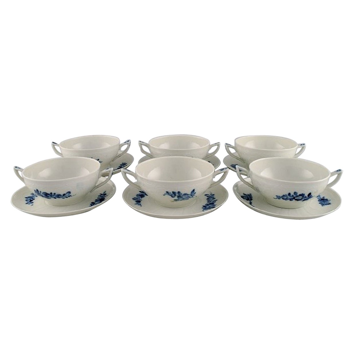 Six Royal Copenhagen Blue Flower Bouillon Cups with Saucers, Early 20th Century For Sale