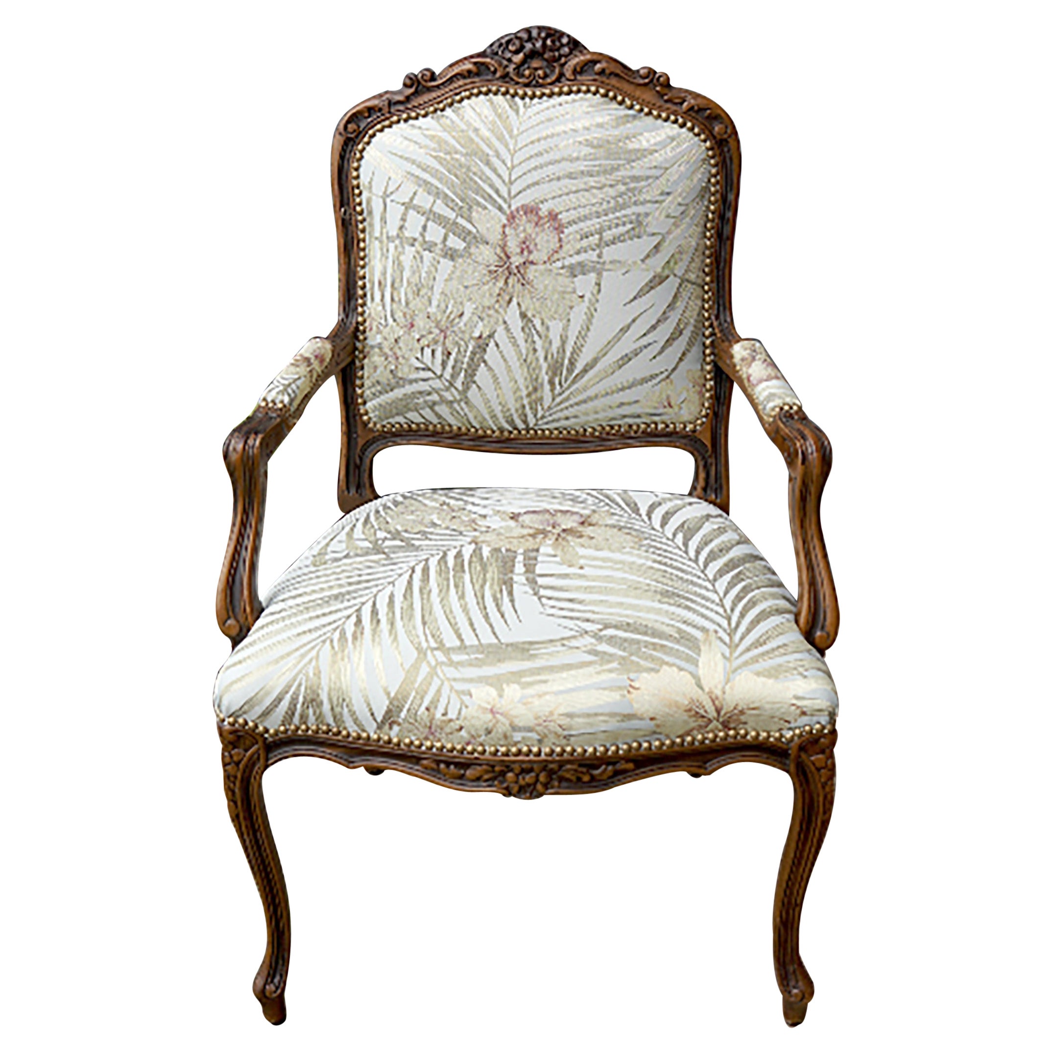 Louis XV Antique Fauteil Armchair in Custom Botanical Silk For Sale