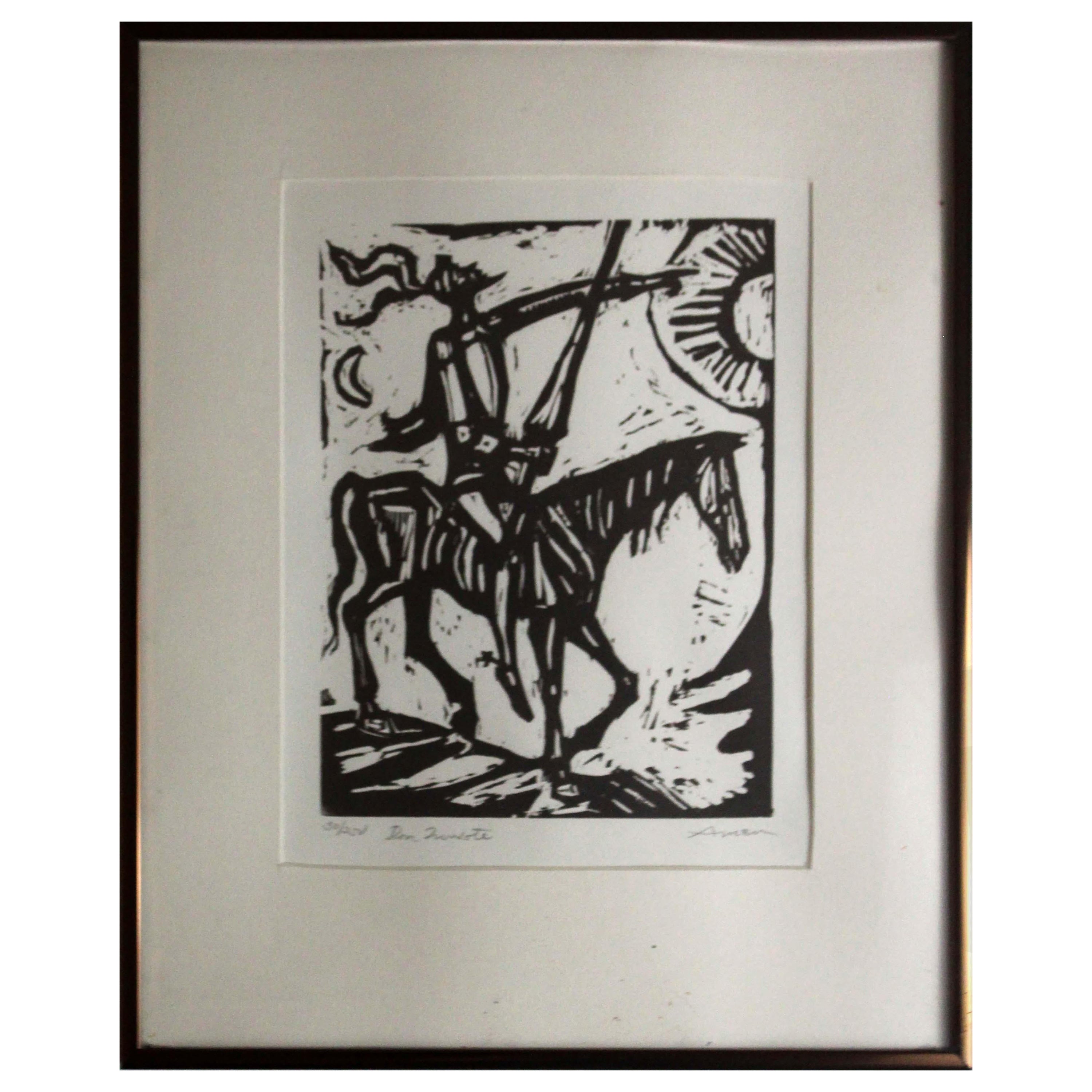 Irving Amen Don Quixote Modern Signed Woodcut 30/250 Framed
